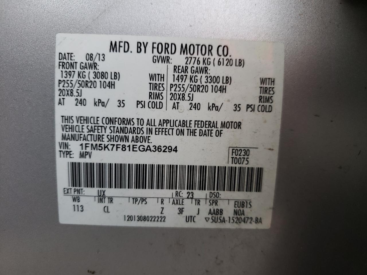 Photo 10 from auction – 2014 FORD EXPLORER L with VIN 1FM5K7F81EGA36294