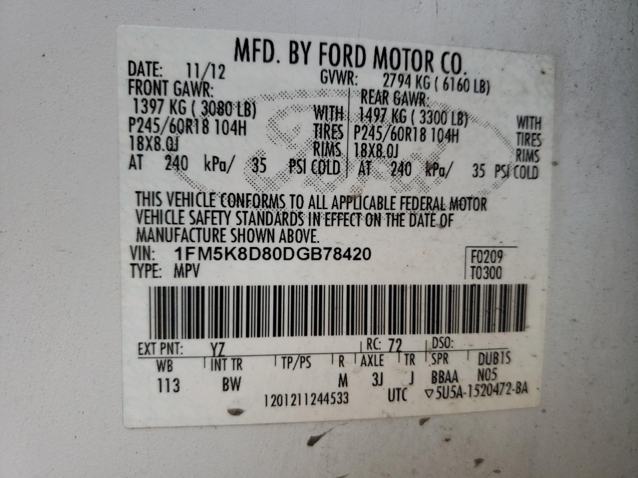 Photo 10 from auction – 2013 FORD EXPLORER X with VIN 1FM5K8D80DGB78420