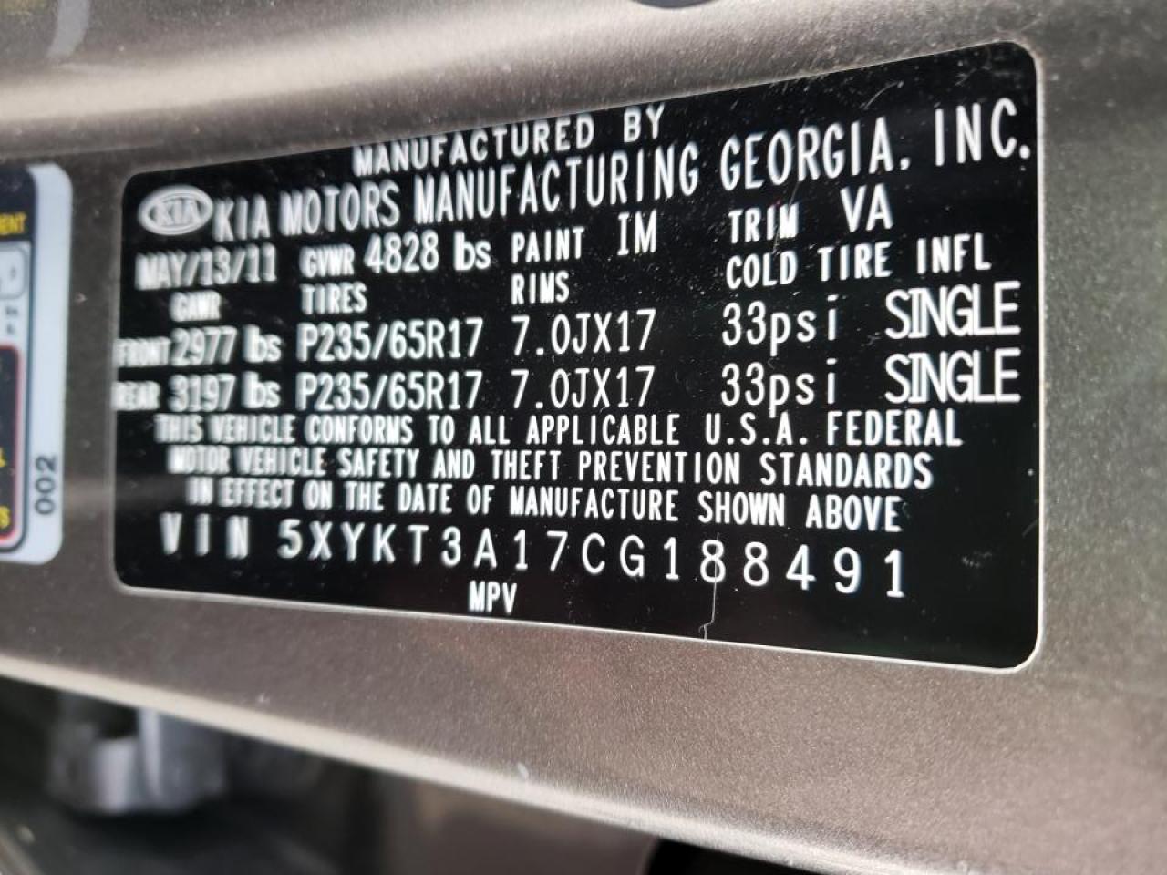 Photo 10 from auction – 2012 KIA SORENTO BA with VIN 5XYKT3A17CG188491