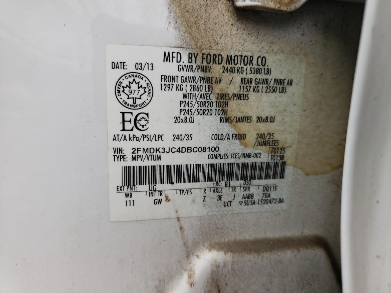 Photo 10 from auction – 2013 FORD EDGE SEL with VIN 2FMDK3JC4DBC08100