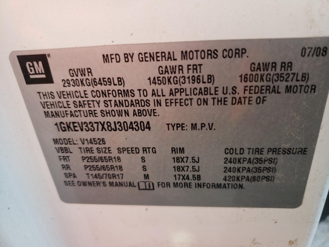 Photo 10 from auction – 2008 GMC ACADIA SLT with VIN 1GKEV337X8J304304