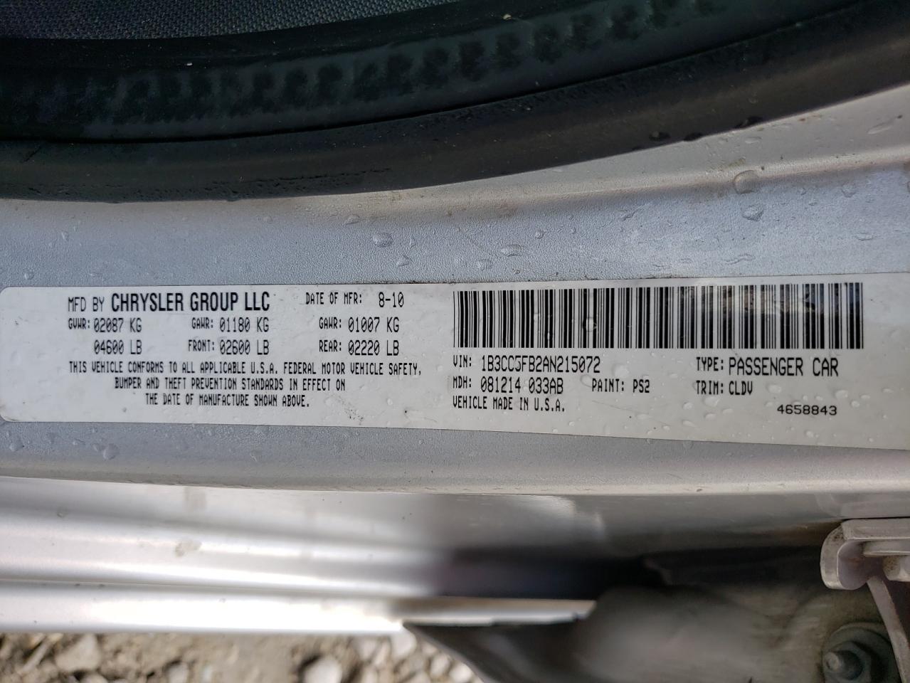 Photo 10 from auction – 2010 DODGE AVENGER R/ with VIN 1B3CC5FB2AN215072