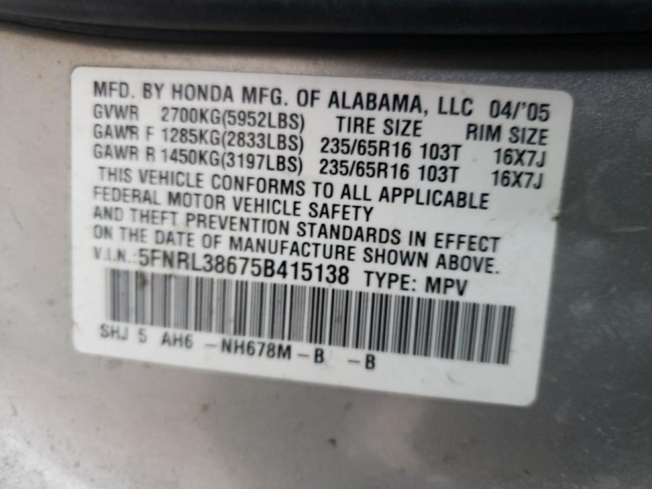Photo 10 from auction – 2005 HONDA ODYSSEY EX with VIN 5FNRL38675B415138