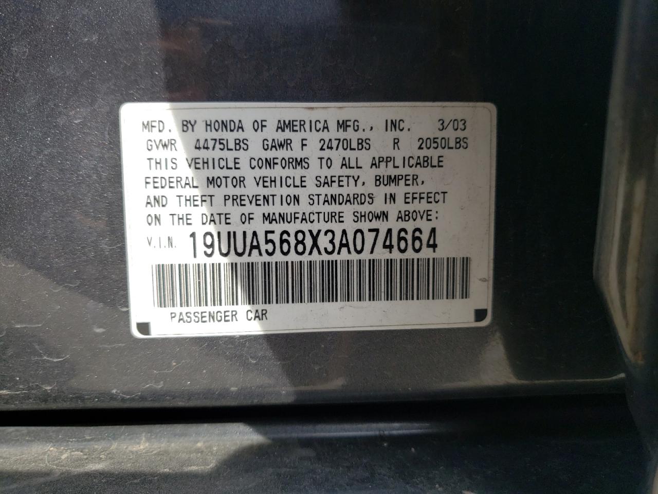 Photo 10 from auction – 2003 ACURA 3.2TL TYPE with VIN 19UUA568X3A074664