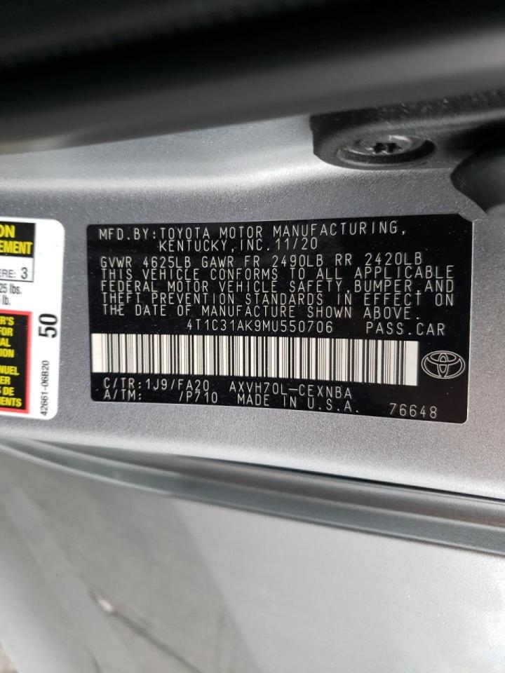 Photo 10 from auction – 2021 TOYOTA CAMRY LE with VIN 4T1C31AK9MU550706