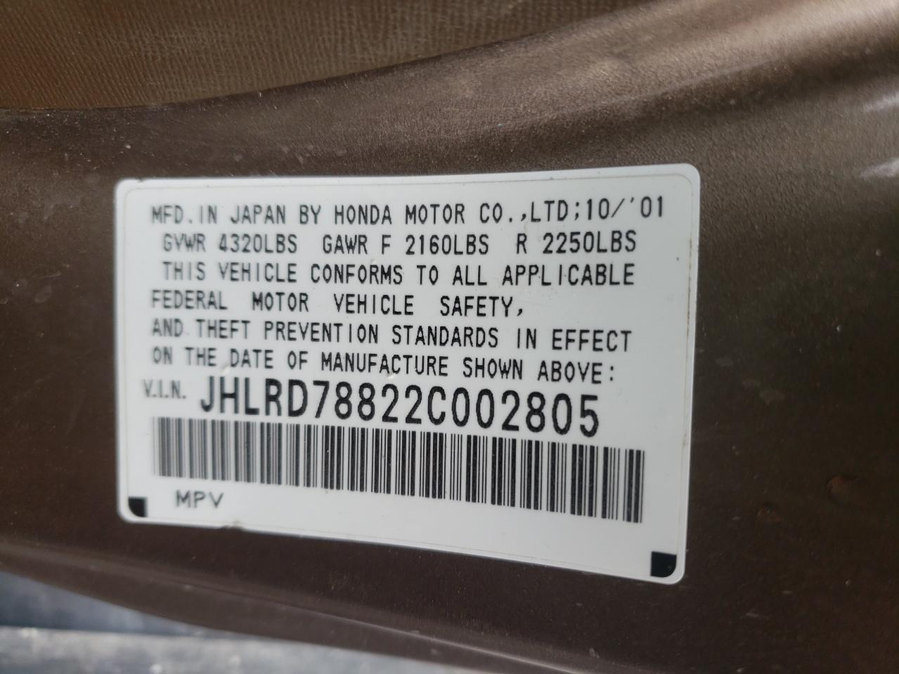 Photo 10 from auction – 2002 HONDA CR-V EX with VIN JHLRD78822C002805