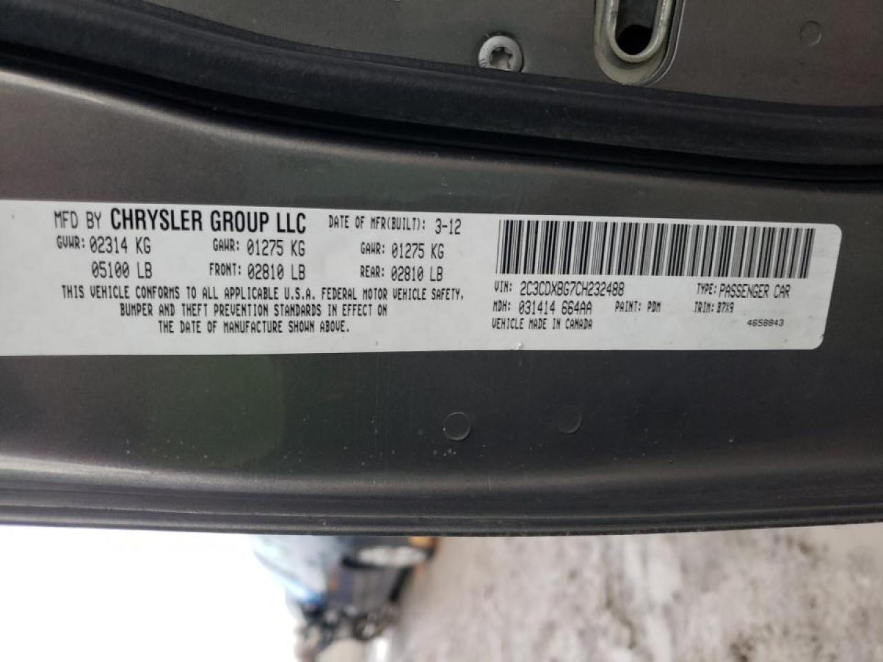 Photo 10 from auction – 2012 DODGE CHARGER SE with VIN 2C3CDXBG7CH232488