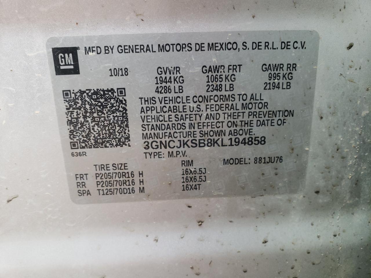 Photo 10 from auction – 2019 CHEVROLET TRAX LS with VIN 3GNCJKSB8KL194858