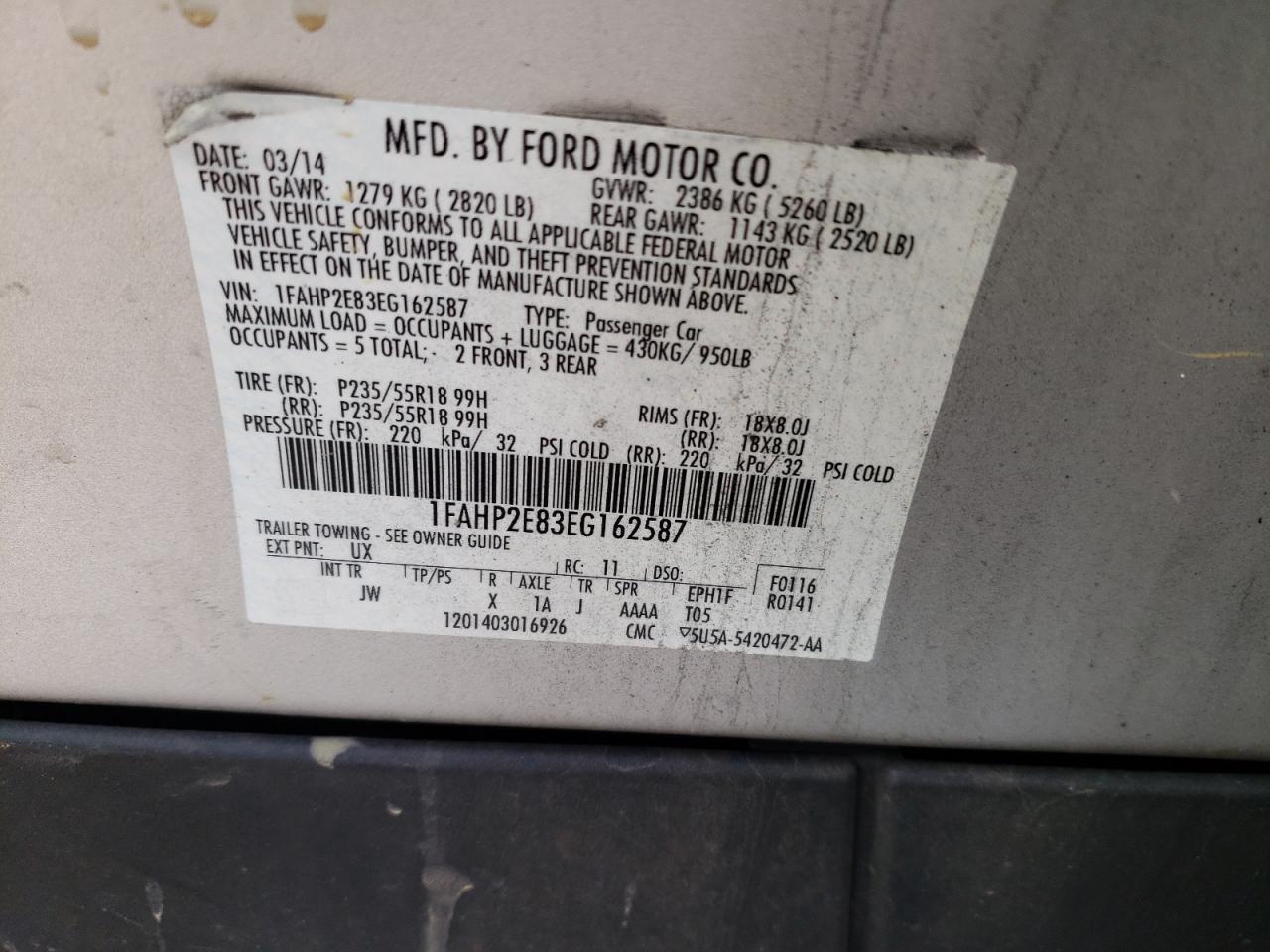 Photo 10 from auction – 2014 FORD TAURUS SEL with VIN 1FAHP2E83EG162587