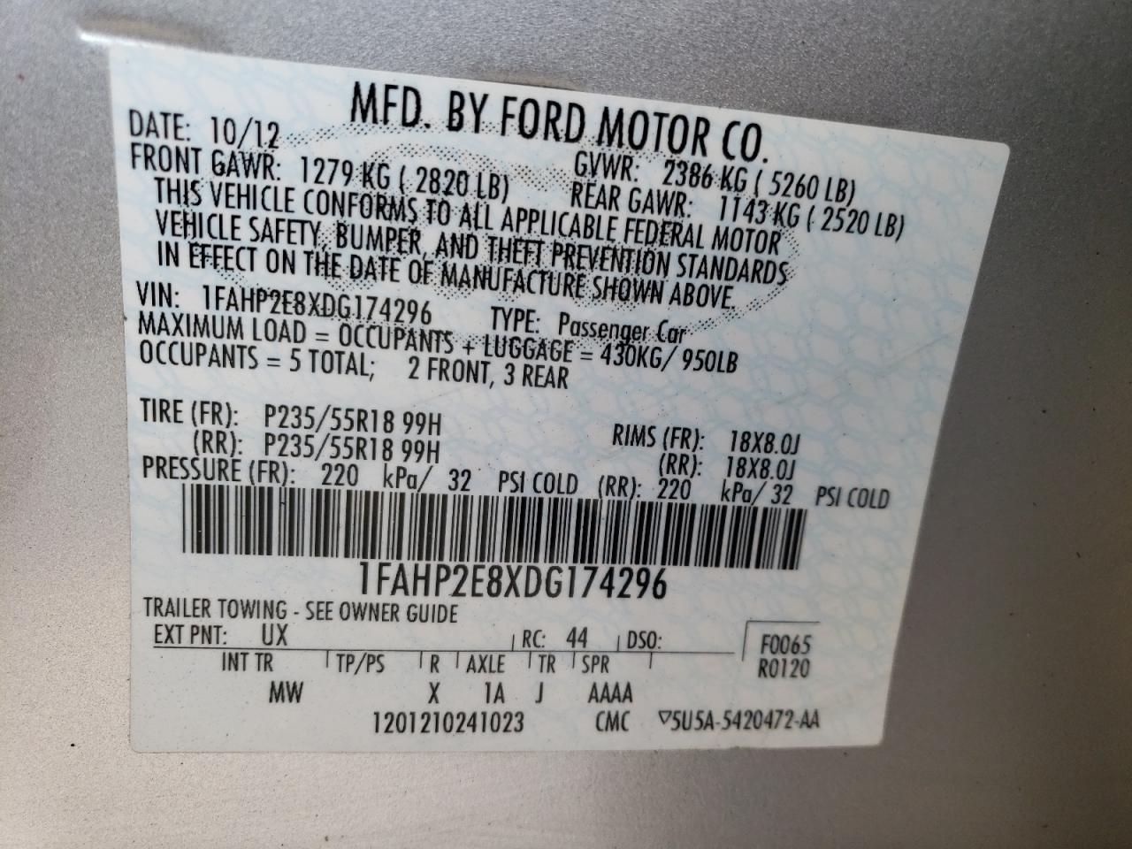 Photo 10 from auction – 2013 FORD TAURUS SEL with VIN 1FAHP2E8XDG174296