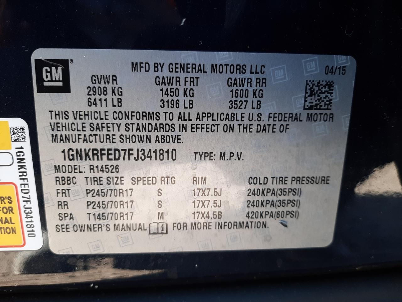 Photo 10 from auction – 2015 CHEVROLET TRAVERSE L with VIN 1GNKRFED7FJ341810