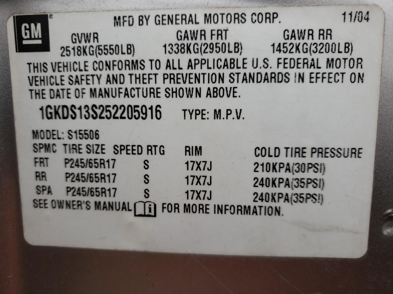 Photo 10 from auction – 2005 GMC ENVOY with VIN 1GKDS13S252205916