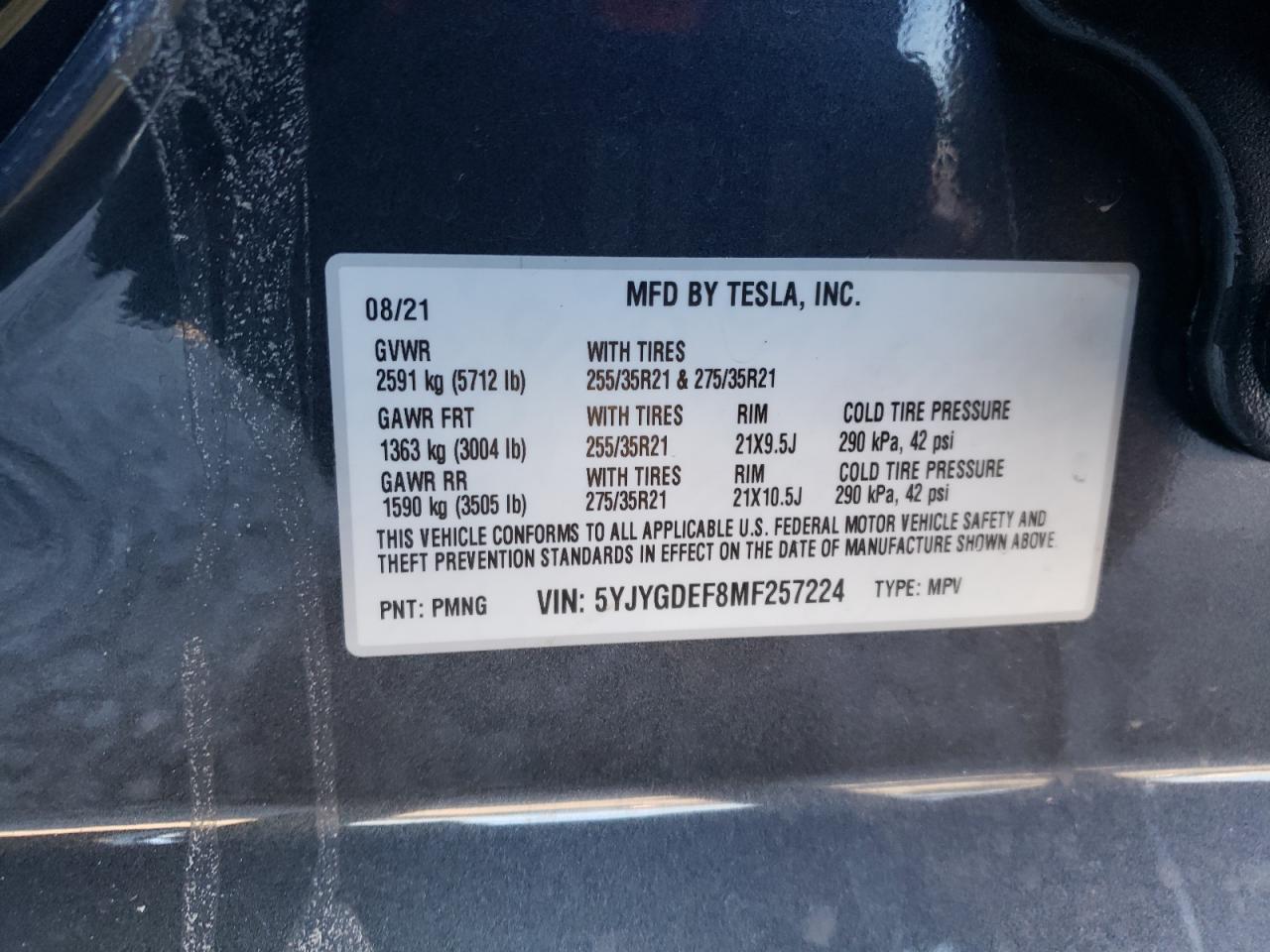 Photo 10 from auction – 2021 TESLA MODEL Y with VIN 5YJYGDEF8MF257224