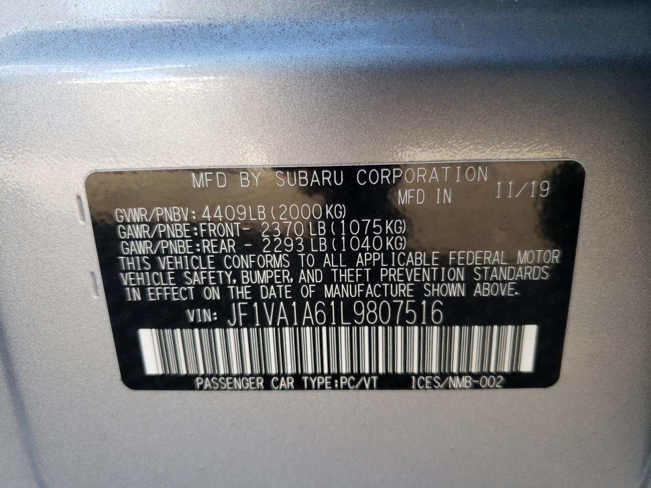 Photo 10 from auction – 2020 SUBARU WRX with VIN JF1VA1A61L9807516