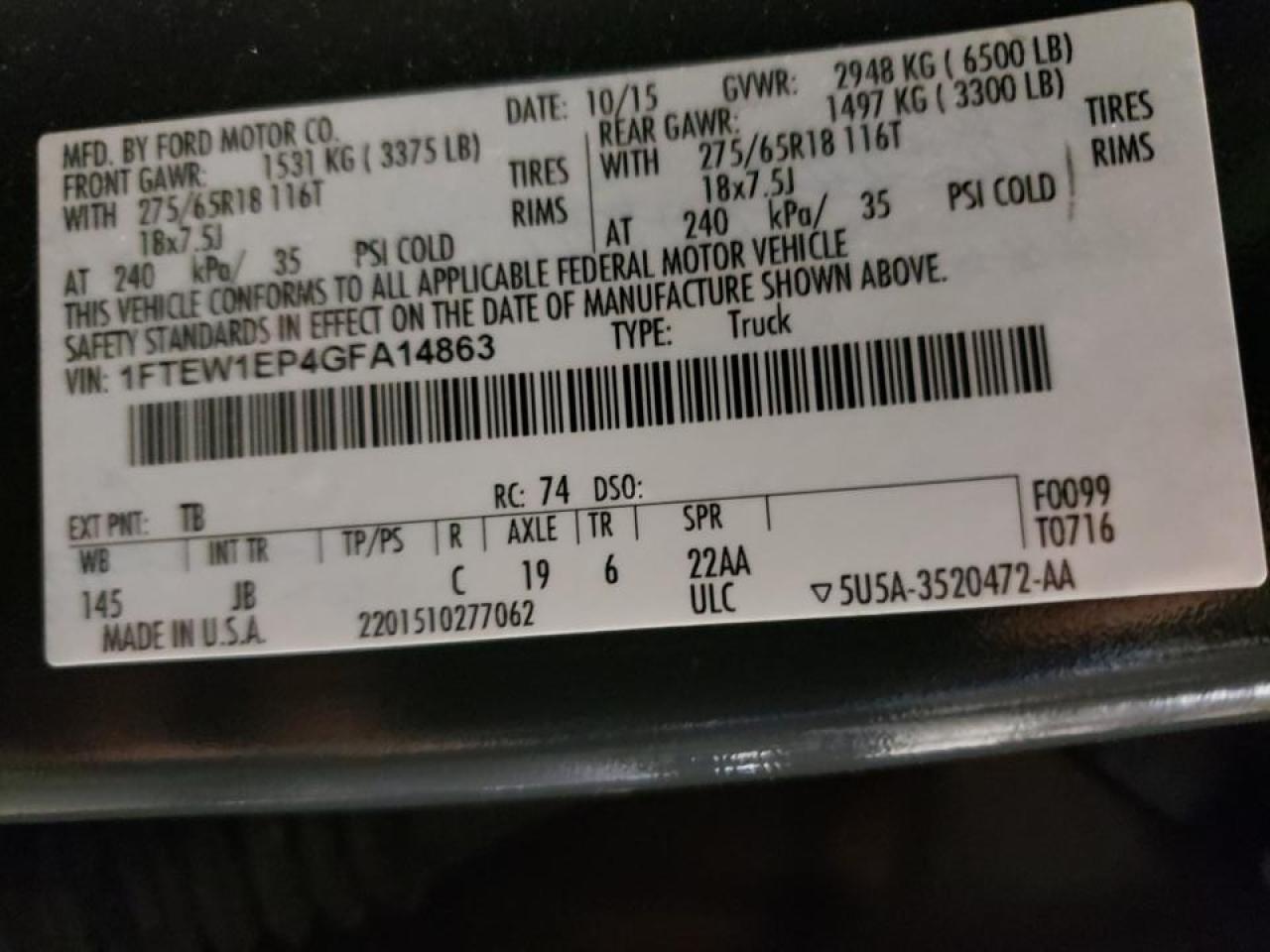 Photo 10 from auction – 2016 FORD F150 SUPER with VIN 1FTEW1EP4GFA14863