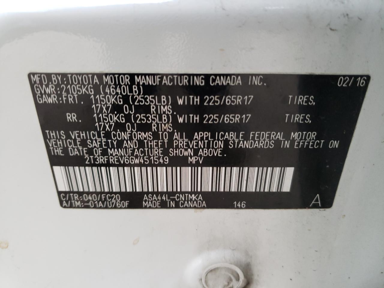 Photo 10 from auction – 2016 TOYOTA RAV4 XLE with VIN 2T3RFREV6GW451549