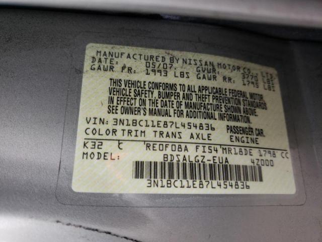 Zdjęcie 10 z aukcji – 2007 NISSAN VERSA S z VIN 3N1BC11E87L454836