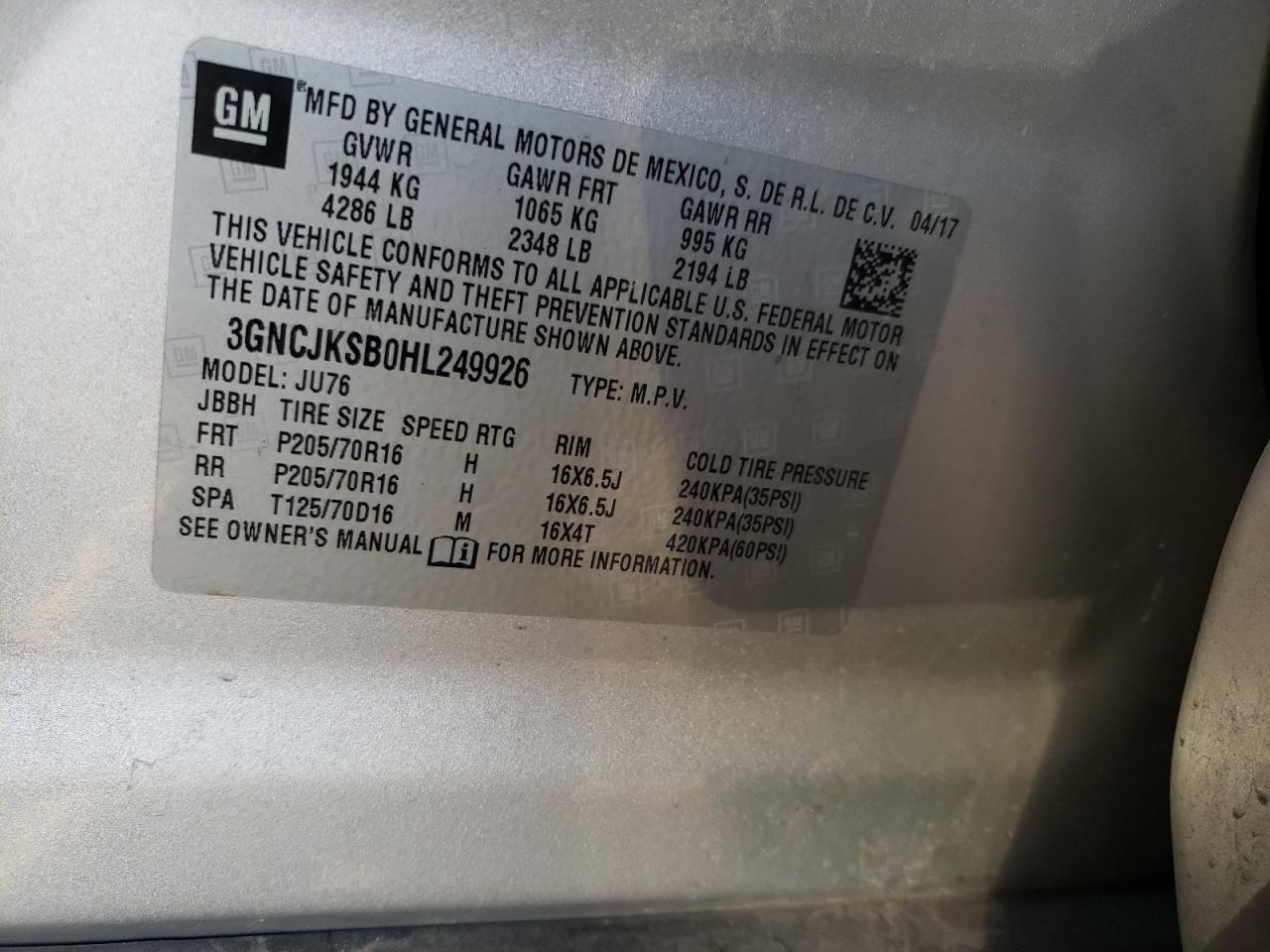 Photo 10 from auction – 2017 CHEVROLET TRAX LS with VIN 3GNCJKSB0HL249926