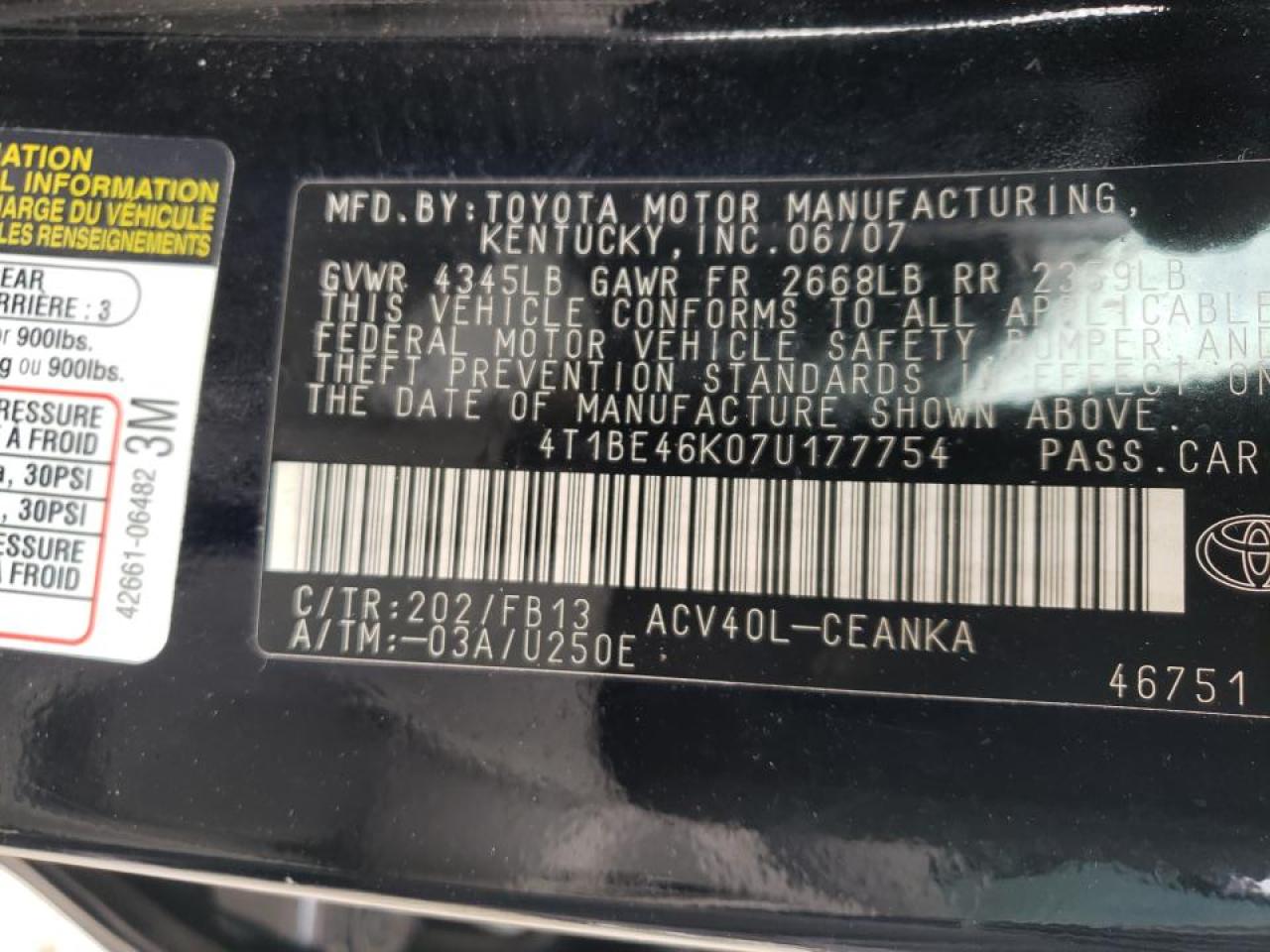 Photo 10 from auction – 2007 TOYOTA CAMRY CE with VIN 4T1BE46K07U177754
