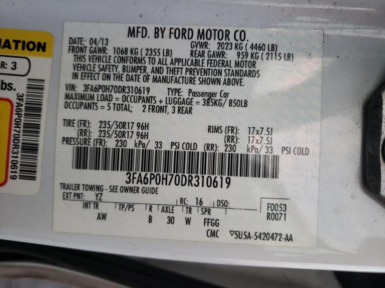 Photo 10 from auction – 2013 FORD FUSION SE with VIN 3FA6P0H70DR310619