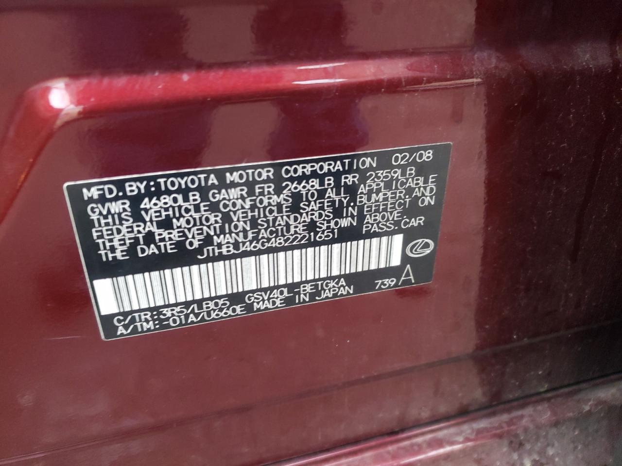 Zdjęcie 10 z aukcji – 2008 LEXUS ES 350 z VIN JTHBJ46G482221651