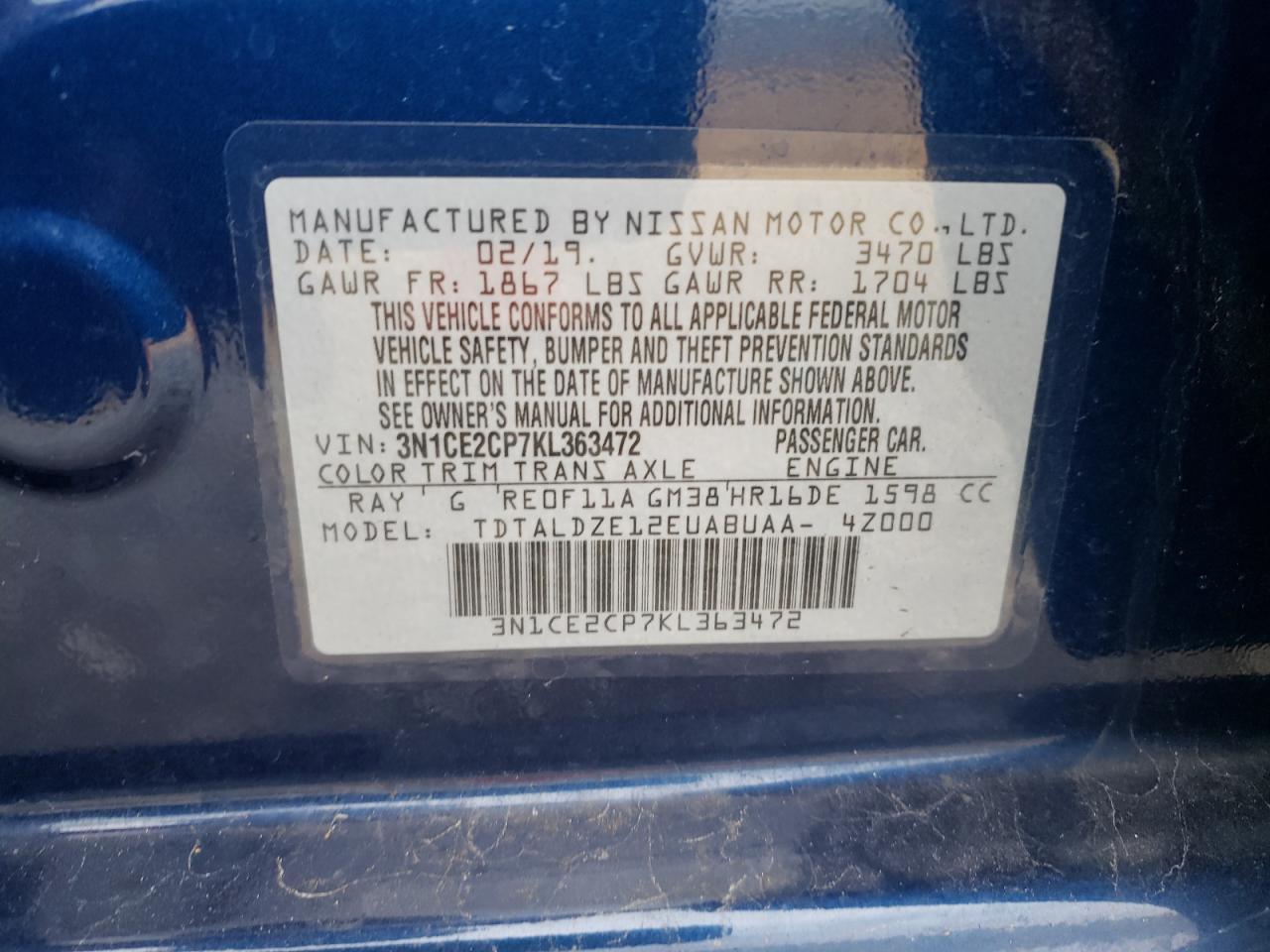 Photo 10 from auction – 2019 NISSAN VERSA NOTE with VIN 3N1CE2CP7KL363472