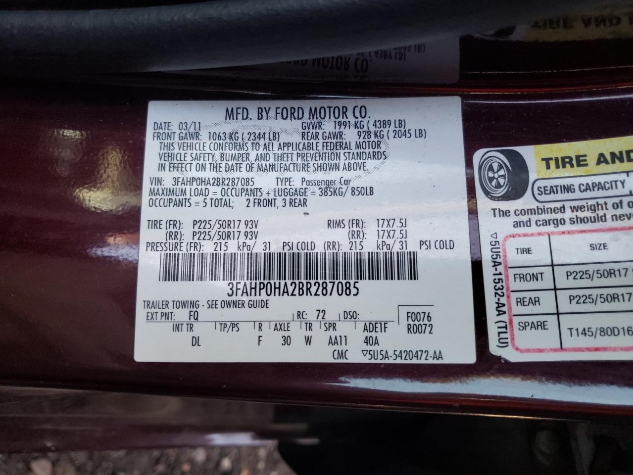 Photo 10 from auction – 2011 FORD FUSION SE with VIN 3FAHP0HA2BR287085