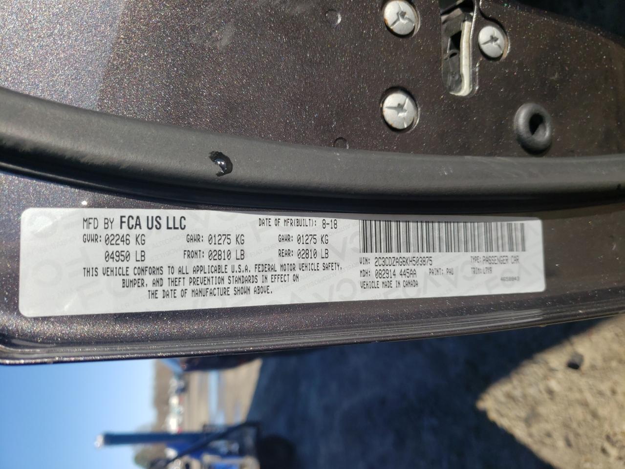 Photo 10 from auction – 2019 DODGE CHALLENGER with VIN 2C3CDZAG6KH503875