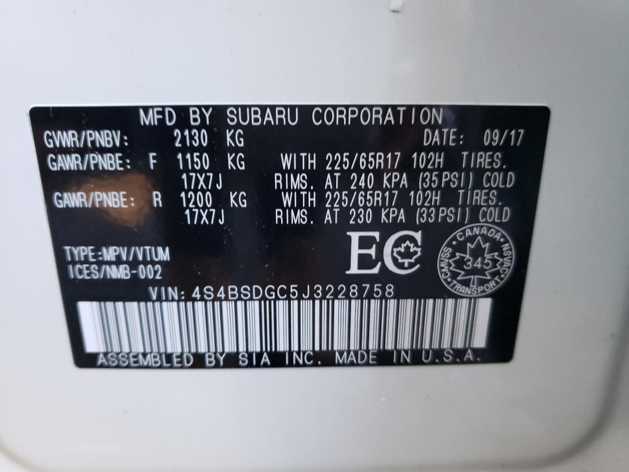 Photo 10 from auction – 2018 SUBARU OUTBACK 2. with VIN 4S4BSDGC5J3228758