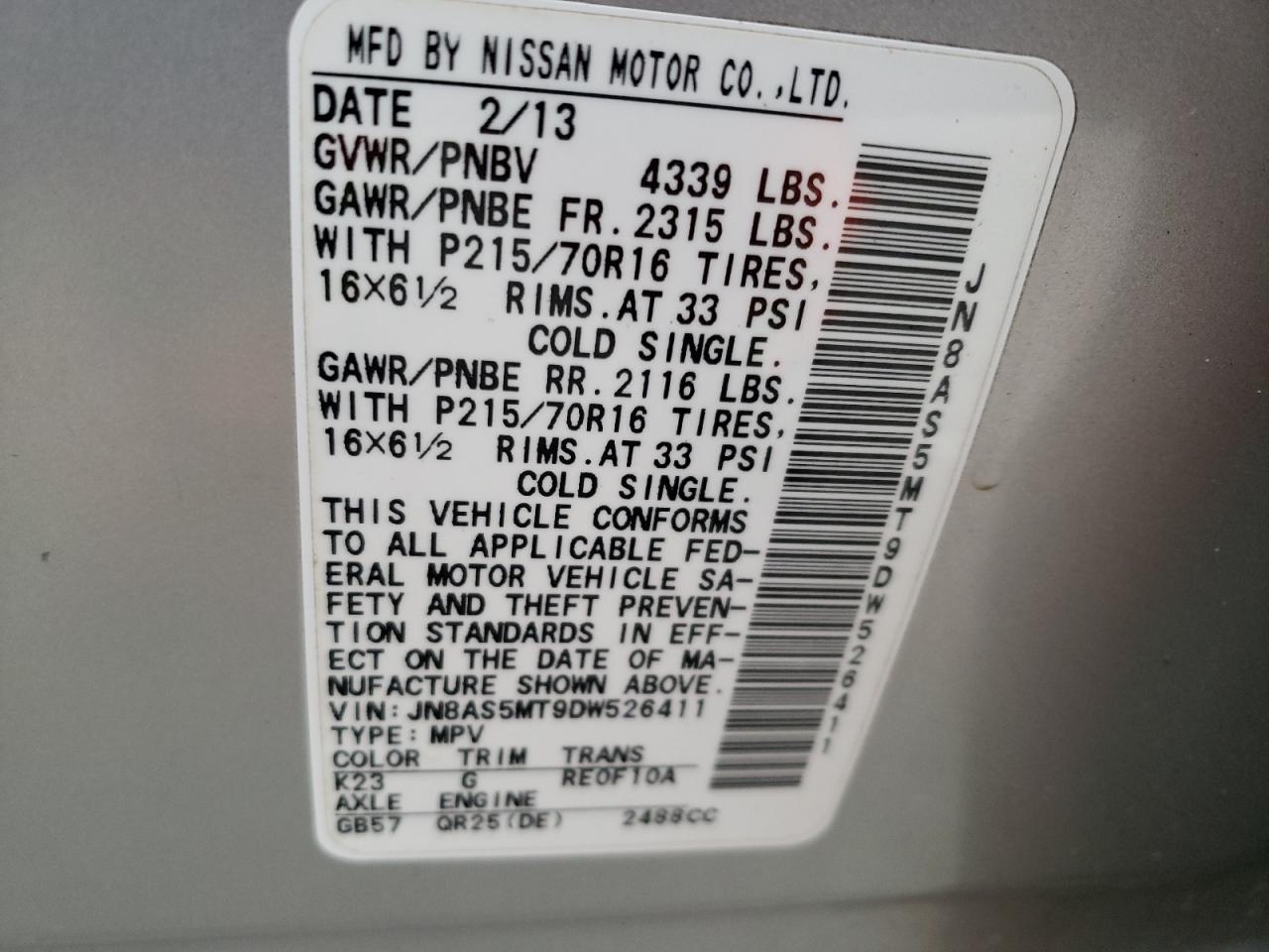 Photo 10 from auction – 2013 NISSAN ROGUE S with VIN JN8AS5MT9DW526411
