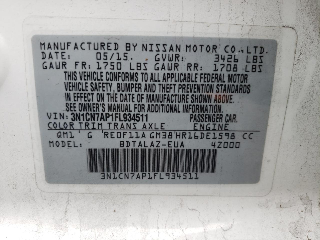 Foto 10 de la subasta – 2015 NISSAN VERSA S con VIN 3N1CN7AP1FL934511