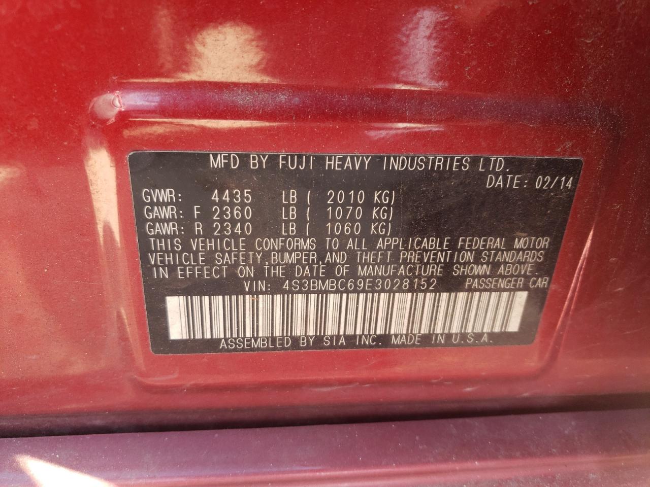 Photo 10 from auction – 2014 SUBARU LEGACY 2.5 with VIN 4S3BMBC69E3028152