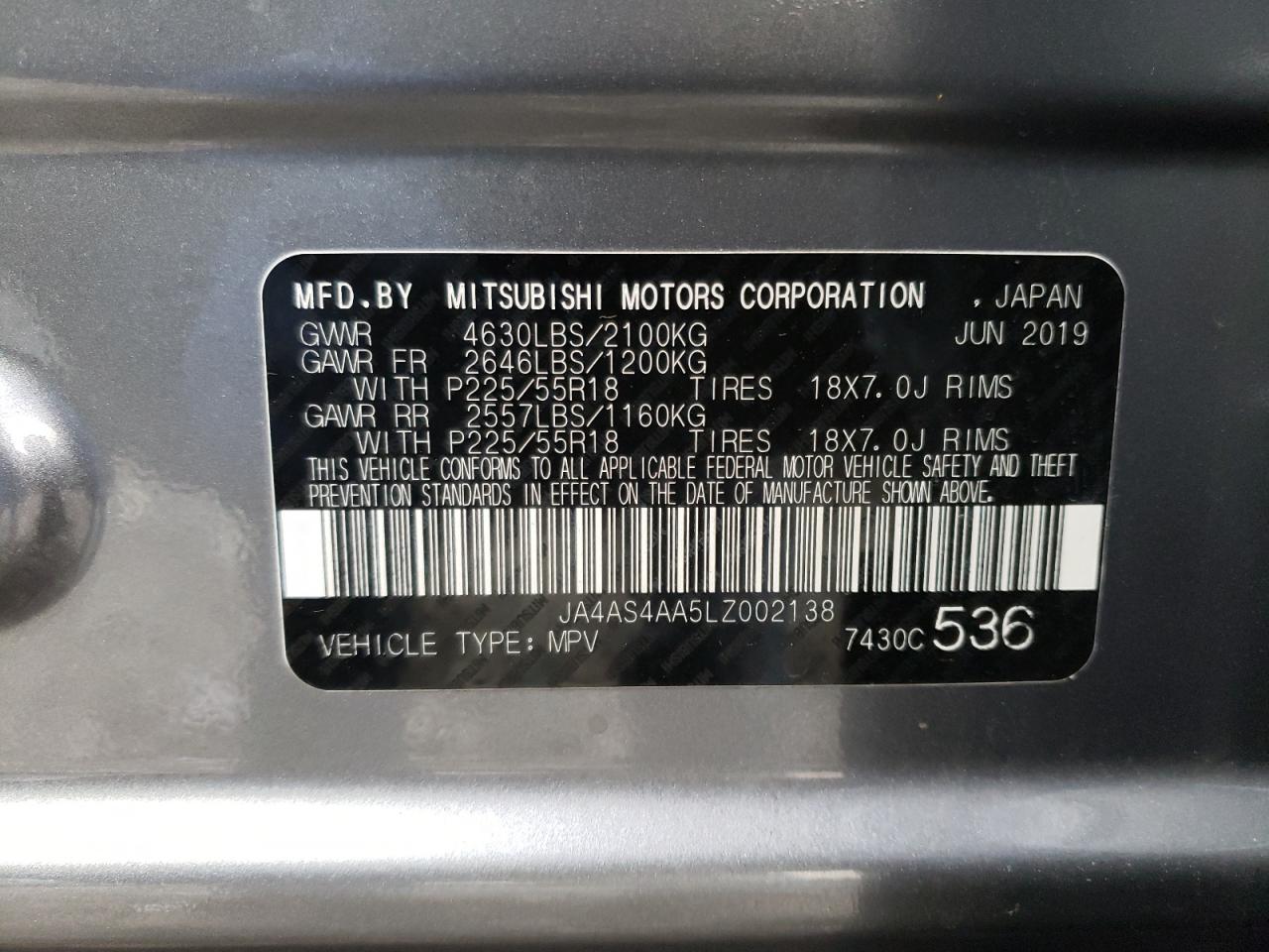 Photo 10 from auction – 2020 MITSUBISHI ECLIPSE CR with VIN JA4AS4AA5LZ002138