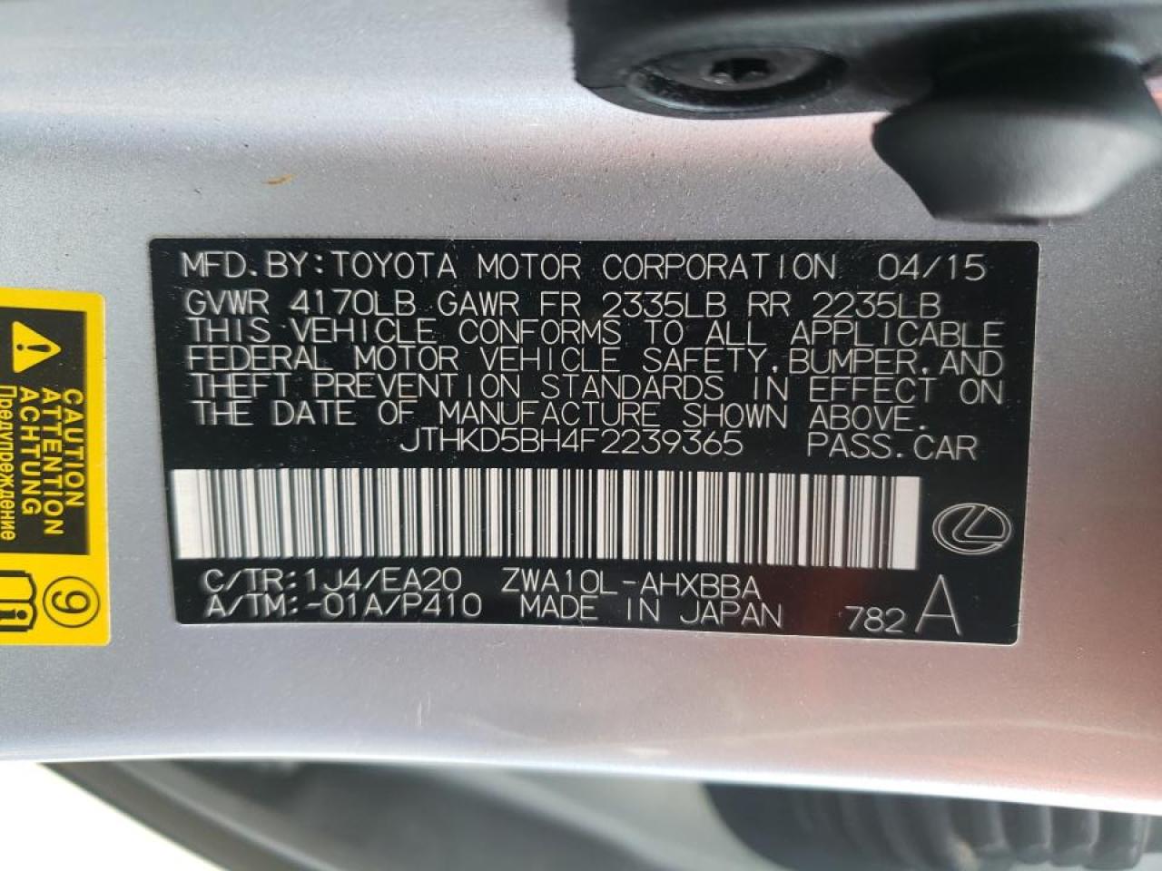 Photo 10 from auction – 2015 LEXUS CT 200 with VIN JTHKD5BH4F2239365