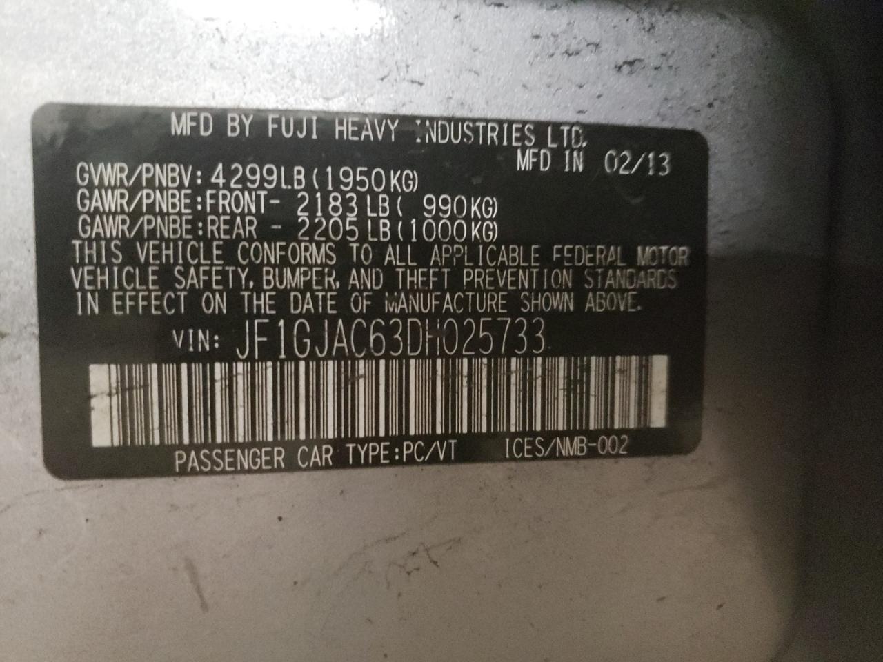 Photo 10 from auction – 2013 SUBARU IMPREZA PR with VIN JF1GJAC63DH025733