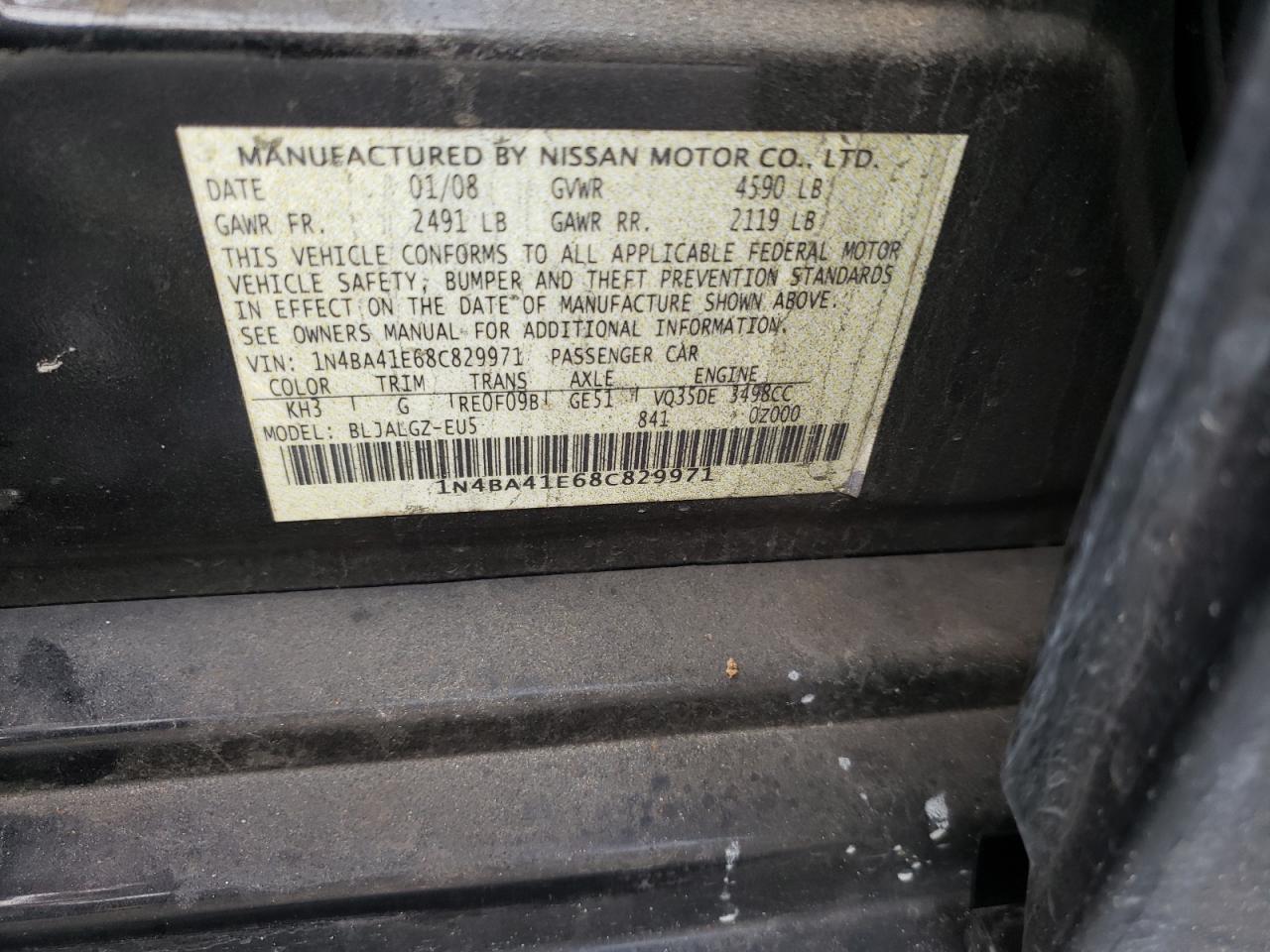 Photo 10 from auction – 2008 NISSAN MAXIMA SE with VIN 1N4BA41E68C829971
