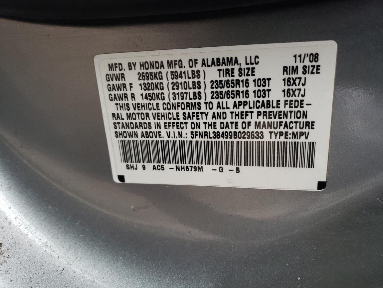 Photo 10 from auction – 2009 HONDA ODYSSEY EX with VIN 5FNRL38499B029633