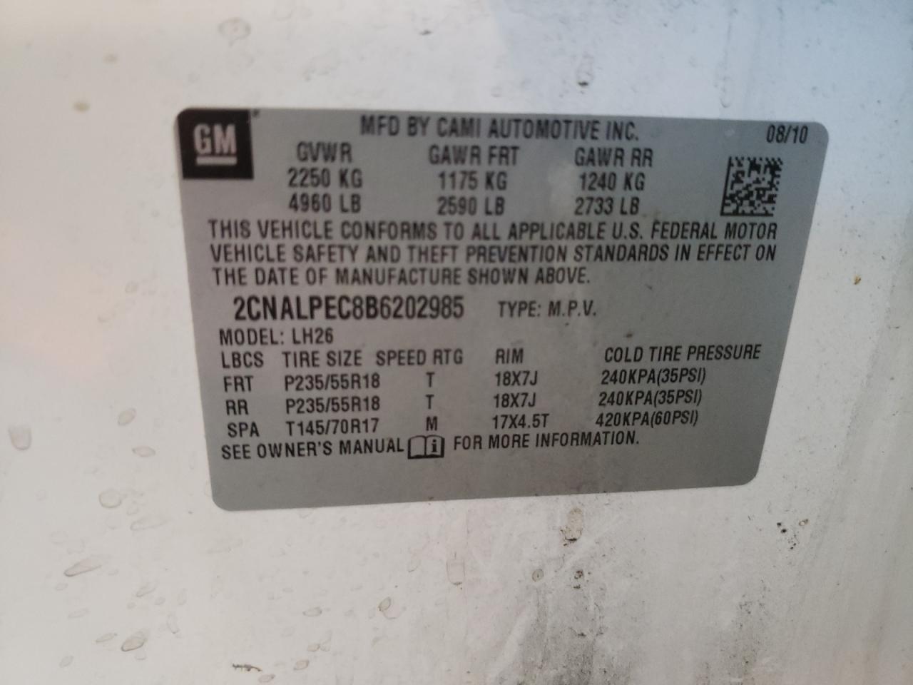 Photo 10 from auction – 2011 CHEVROLET EQUINOX LT with VIN 2CNALPEC8B6202985