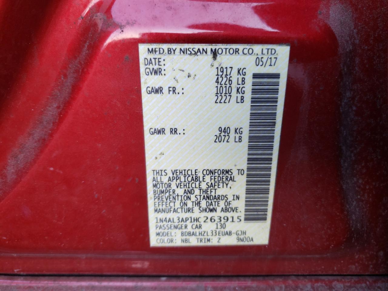 Photo 10 from auction – 2017 NISSAN ALTIMA 2.5 with VIN 1N4AL3AP1HC263915