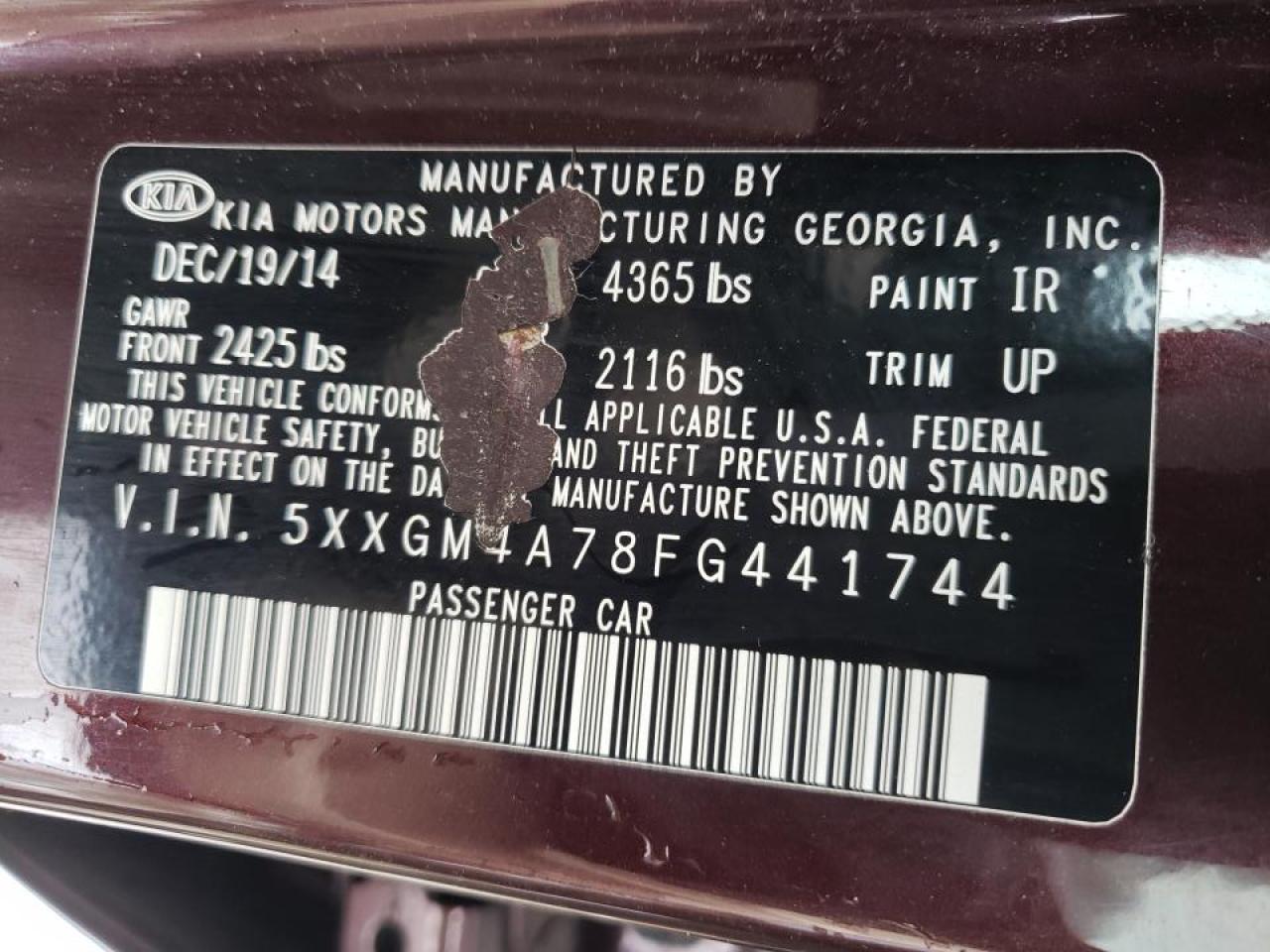 Photo 10 from auction – 2015 KIA OPTIMA LX with VIN 5XXGM4A78FG441744