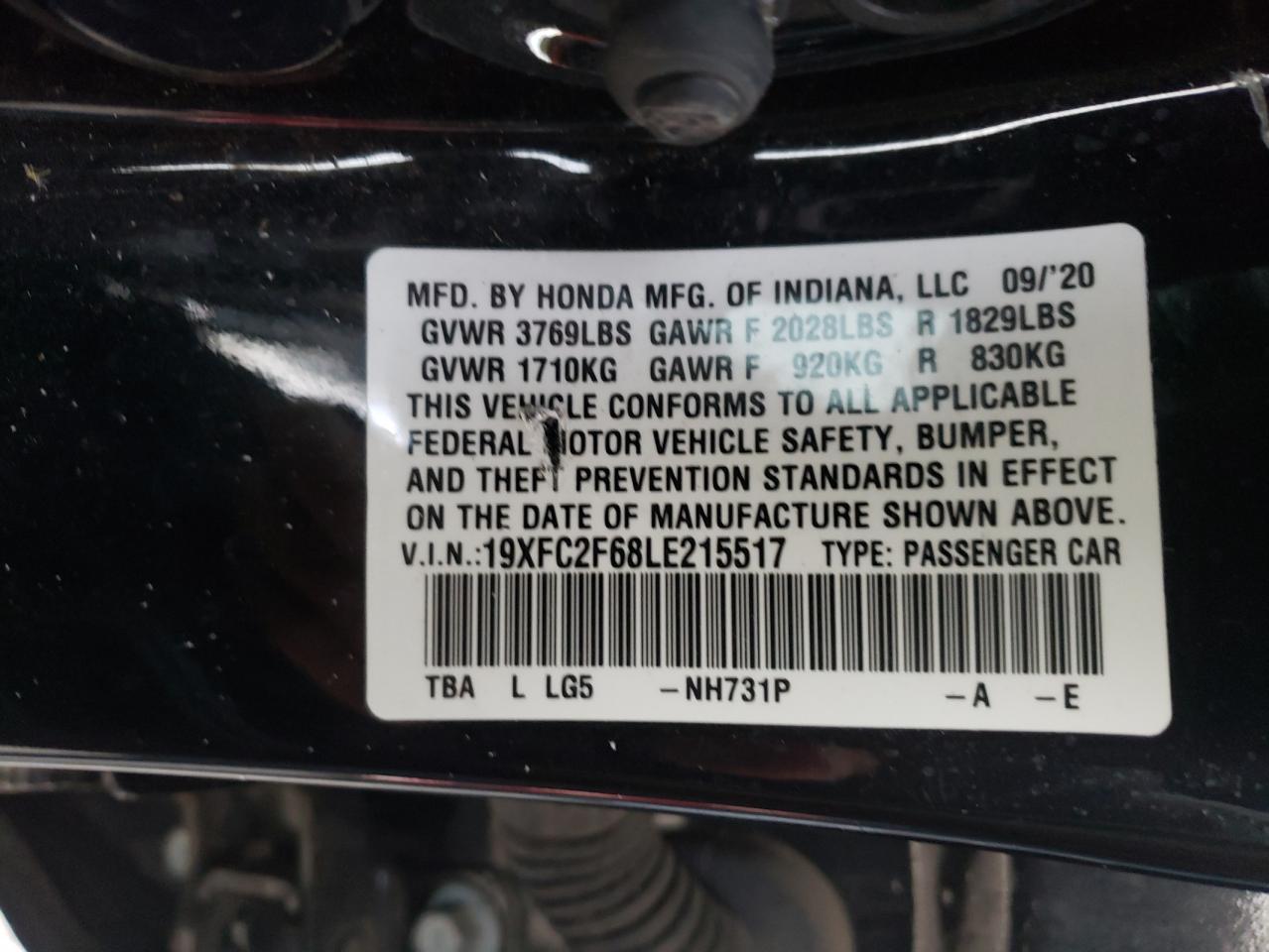 Photo 10 from auction – 2020 HONDA CIVIC LX with VIN 19XFC2F68LE215517