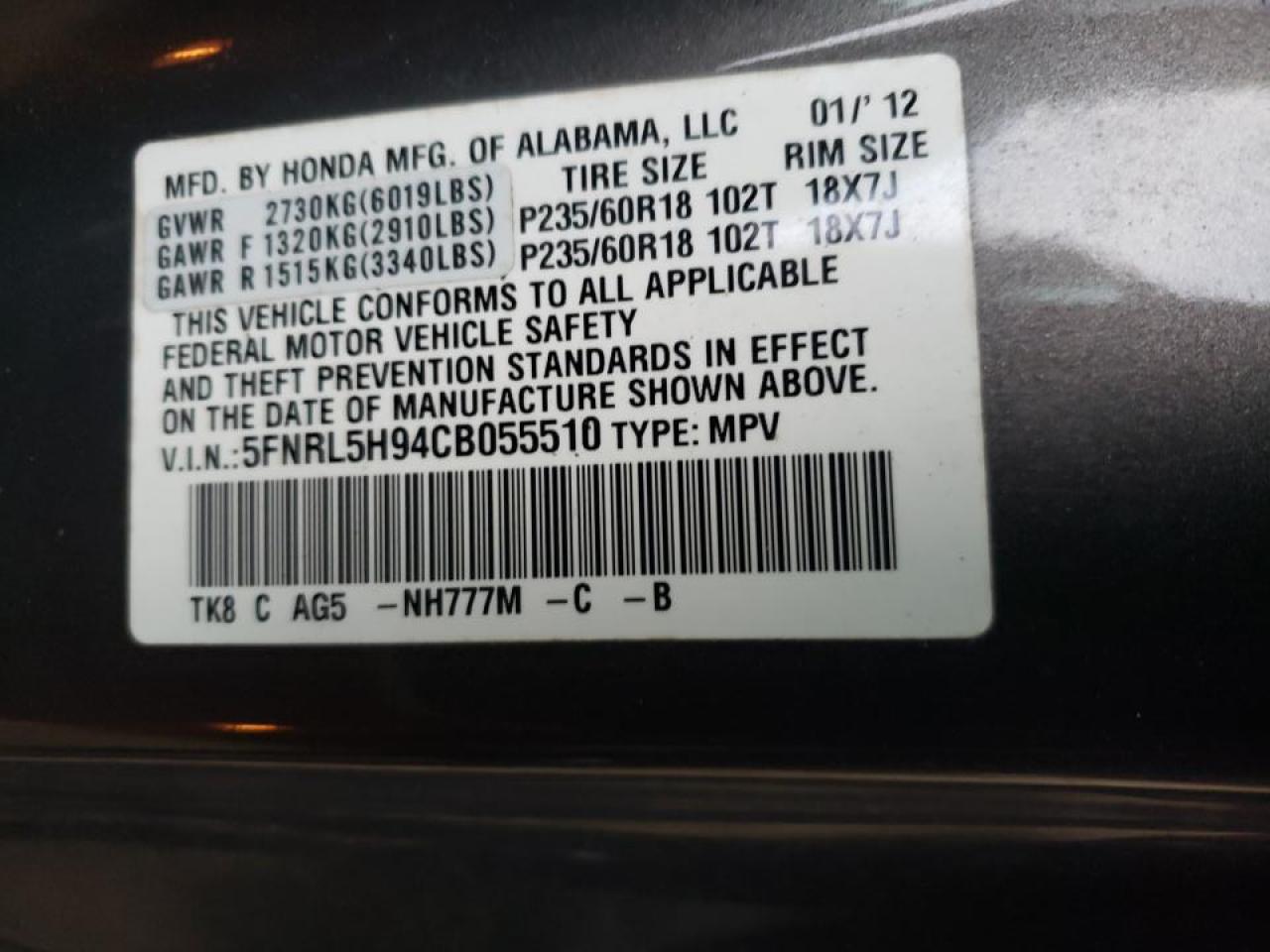 Photo 10 from auction – 2012 HONDA ODYSSEY TO with VIN 5FNRL5H94CB055510