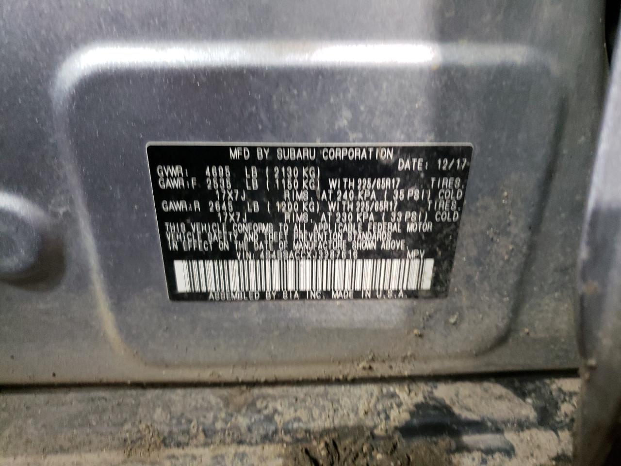 Photo 10 from auction – 2018 SUBARU OUTBACK 2. with VIN 4S4BSACCXJ3287616