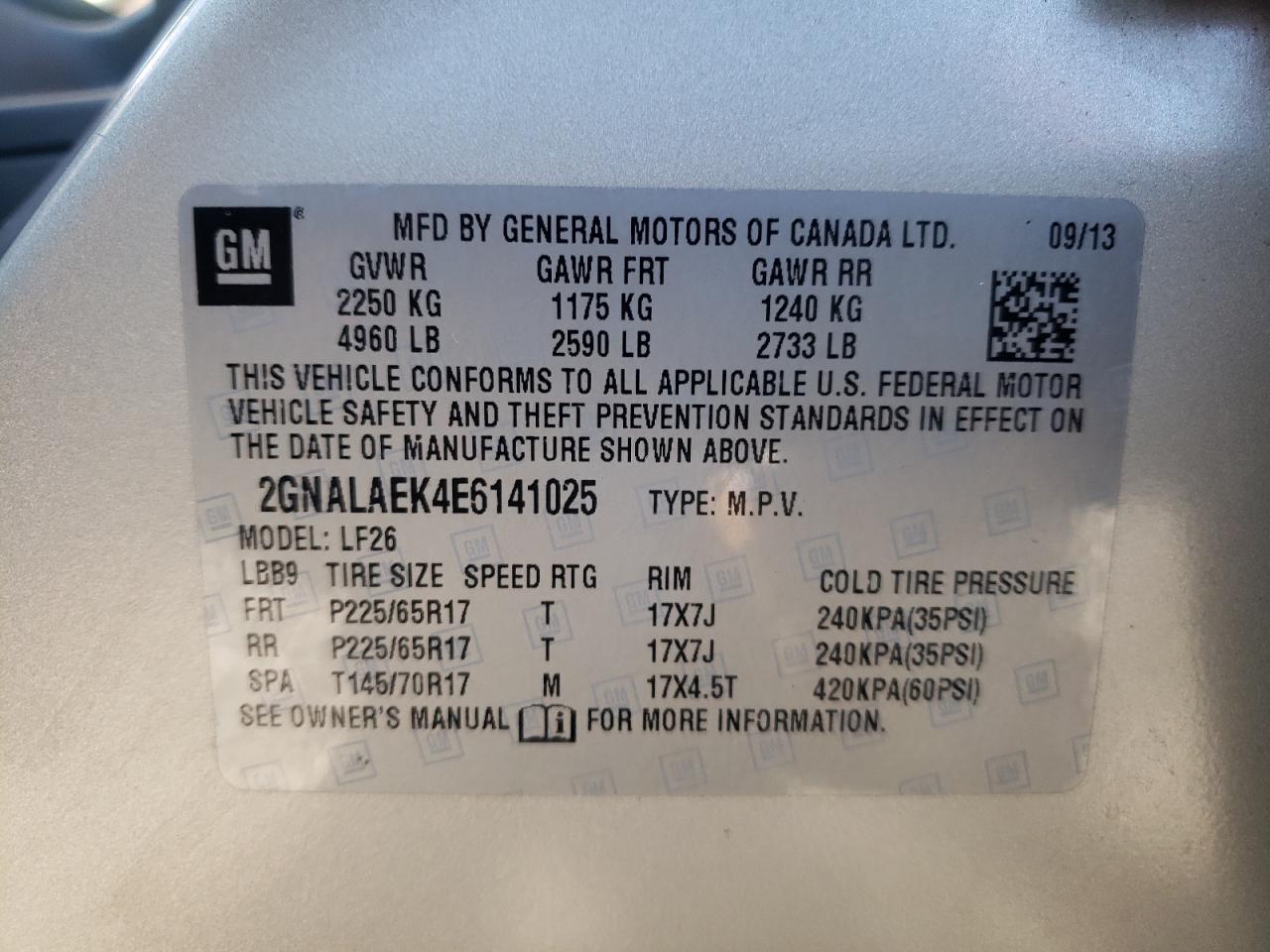 Photo 10 from auction – 2014 CHEVROLET EQUINOX LS with VIN 2GNALAEK4E6141025