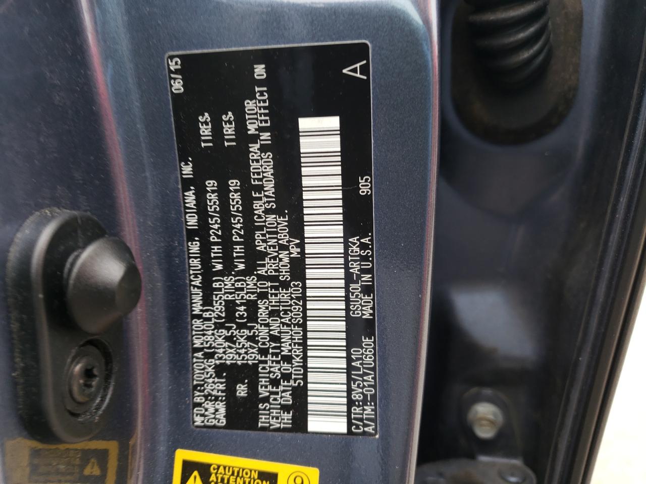 Photo 10 from auction – 2015 TOYOTA HIGHLANDER with VIN 5TDYKRFH0FS092103