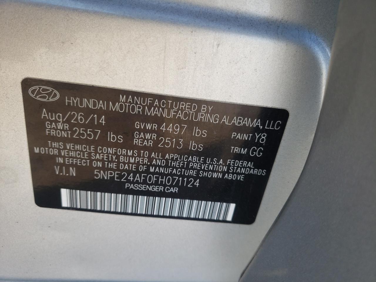Photo 10 from auction – 2015 HYUNDAI SONATA SE with VIN 5NPE24AF0FH071124