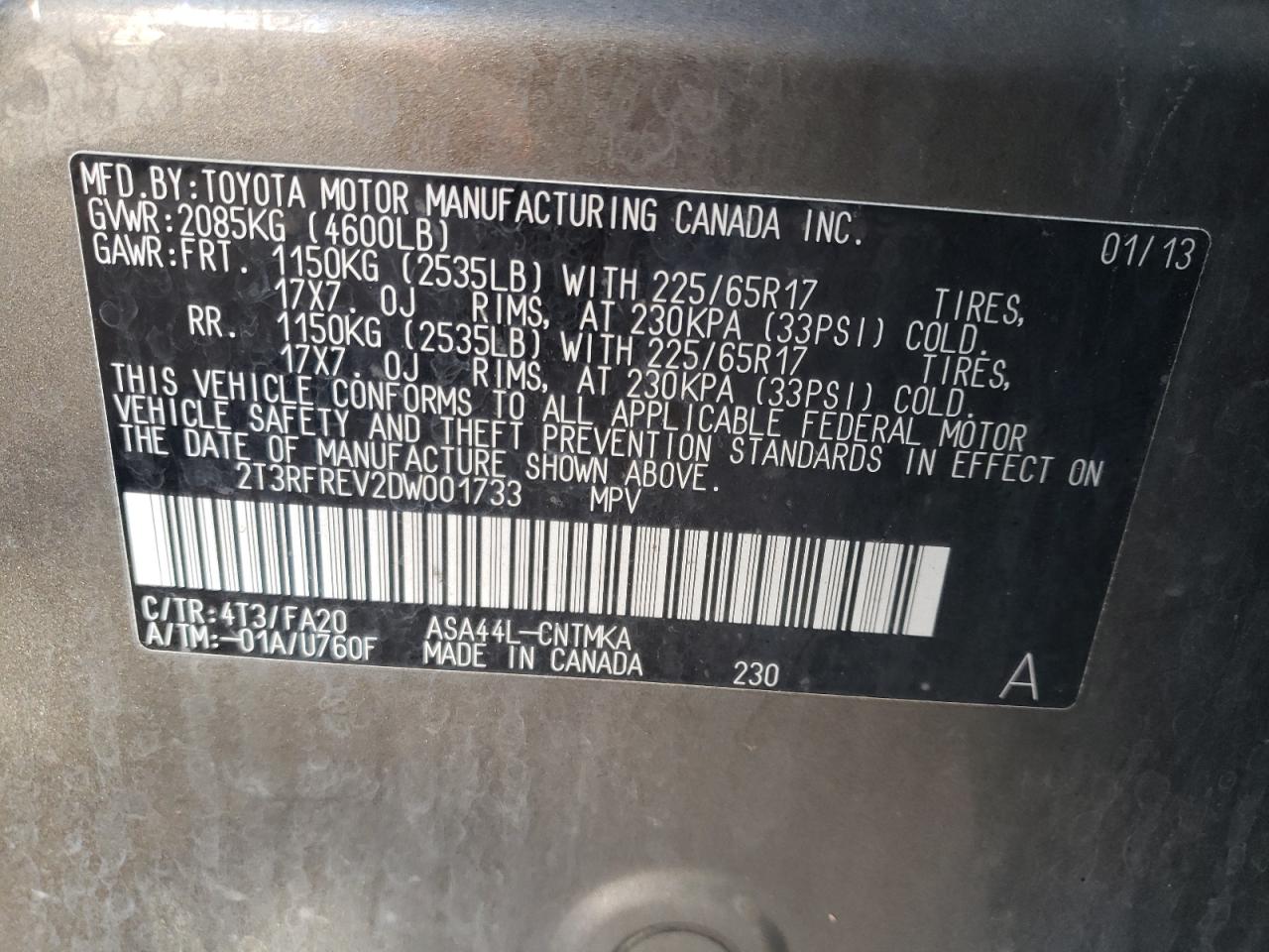 Photo 10 from auction – 2013 TOYOTA RAV4 XLE with VIN 2T3RFREV2DW001733