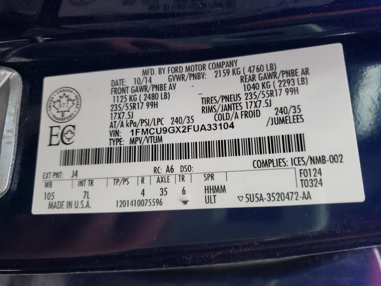 Photo 10 from auction – 2015 FORD ESCAPE SE with VIN 1FMCU9GX2FUA33104