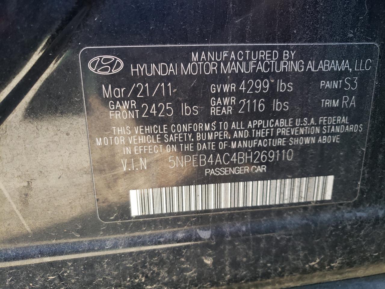Photo 10 from auction – 2011 HYUNDAI SONATA GLS with VIN 5NPEB4AC4BH269110