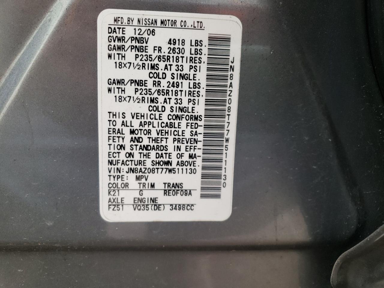 Photo 10 from auction – 2007 NISSAN MURANO SL with VIN JN8AZ08T77W511130